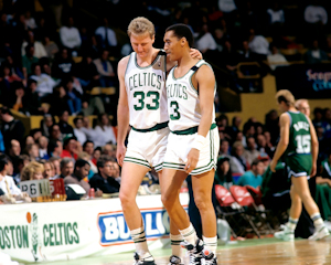 Boston Celtics Hall of Fame Inductee Dennis Johnson with Larry Bird photo