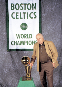 Boston Celtics Red Auerbach with NBA Championship Trophy and Banner